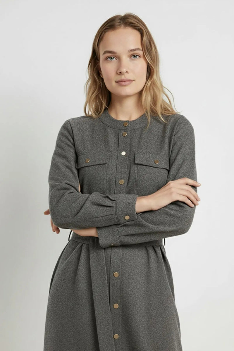 Koyu Gri Beli Kuşak Bağlamalı Gömlek Elbise - Mısırlı 1951