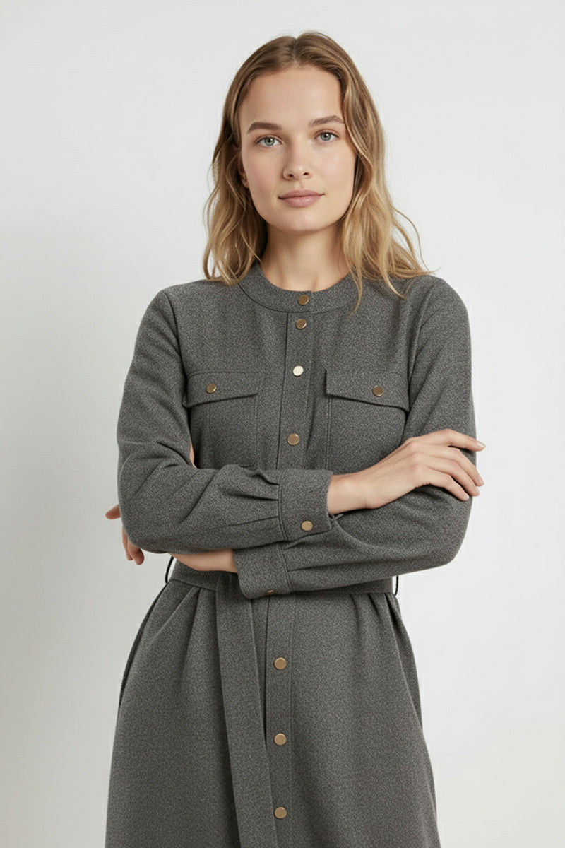 Koyu Gri Beli Kuşak Bağlamalı Gömlek Elbise