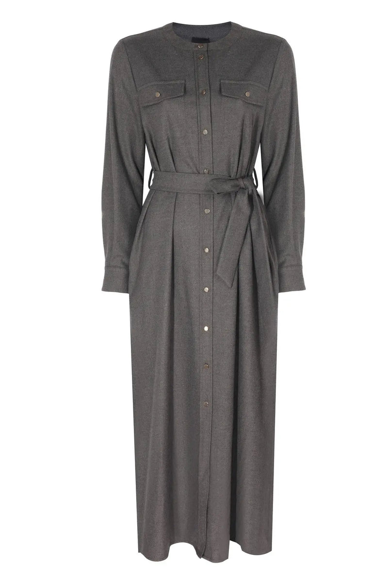Koyu Gri Beli Kuşak Bağlamalı Gömlek Elbise