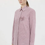 Bordo Ekru Çizgili Gül Detaylı Kadın Gömlek