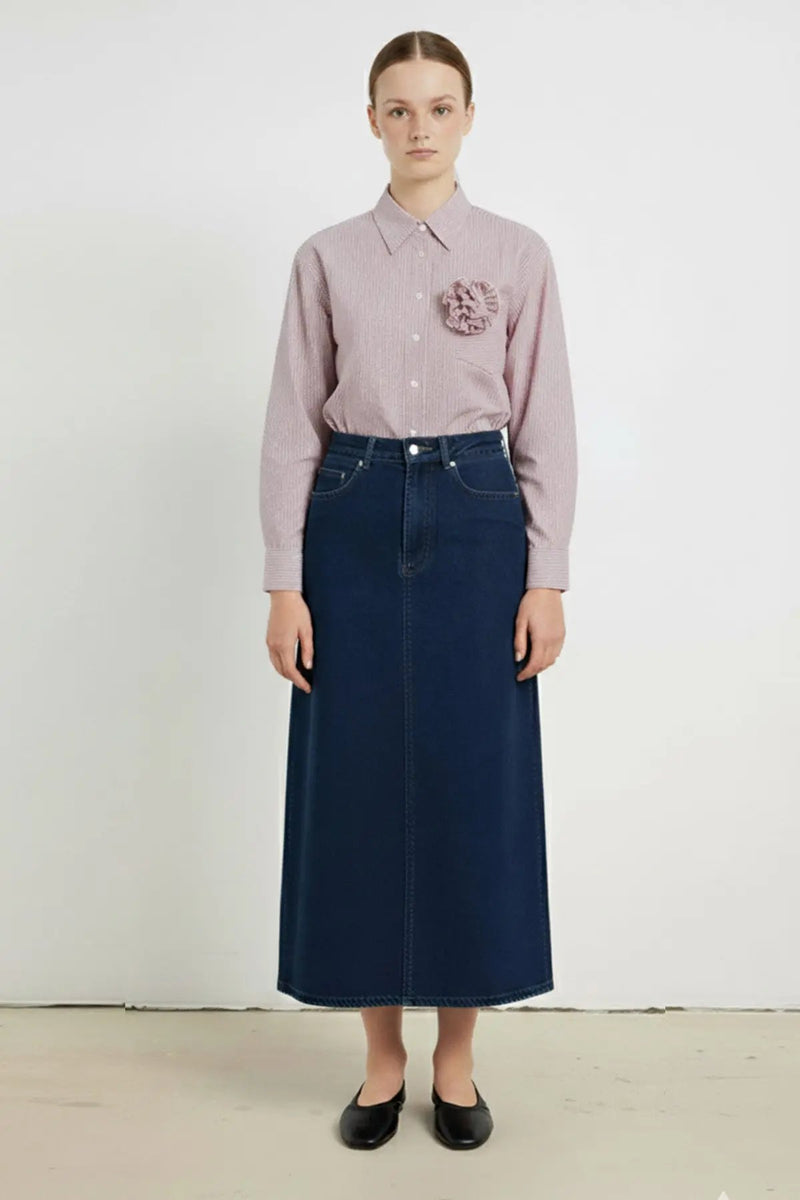 Bordo Ekru Çizgili Gül Detaylı Kadın Gömlek  Mısırlı 1951