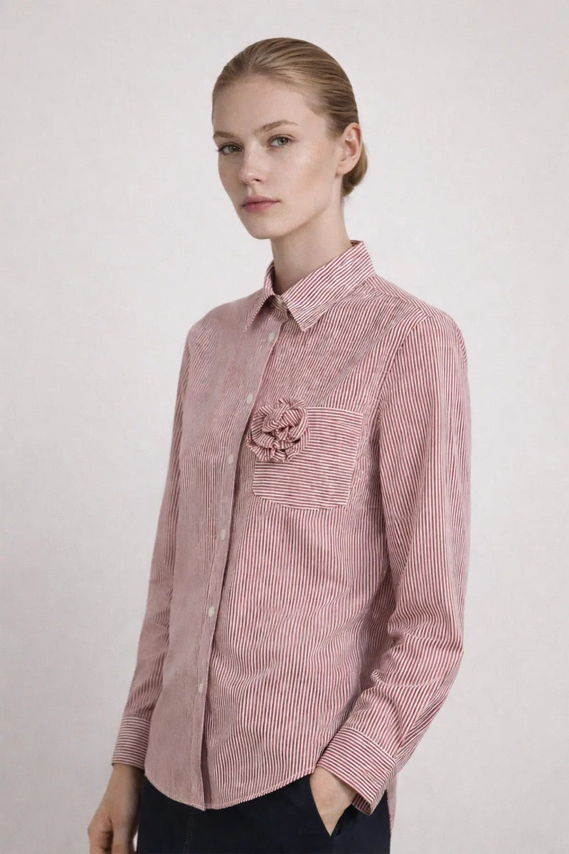 Bordo Ekru Çizgili Gül Detaylı Kadın Gömlek  Mısırlı 1951