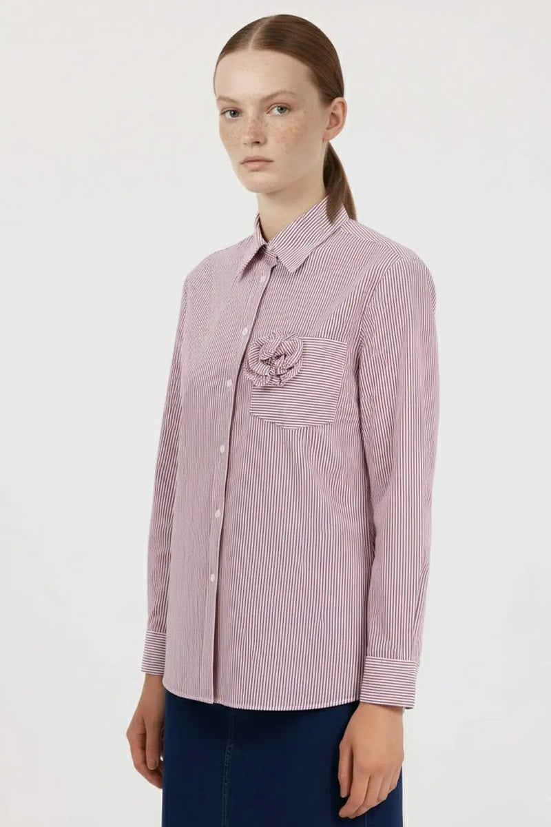 Bordo Ekru Çizgili Gül Detaylı Kadın Gömlek  Mısırlı 1951