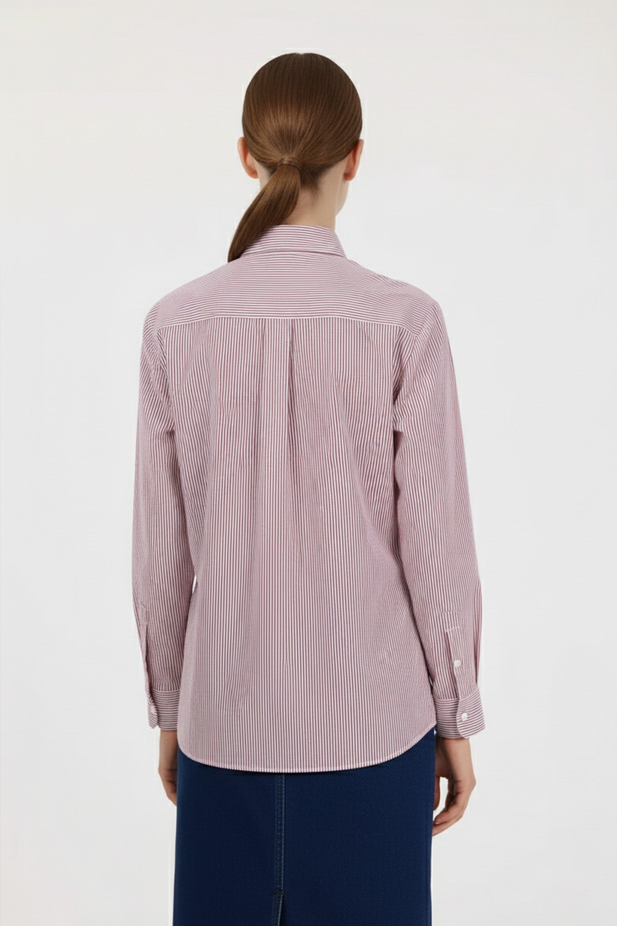 Bordo Ekru Çizgili Gül Detaylı Kadın Gömlek