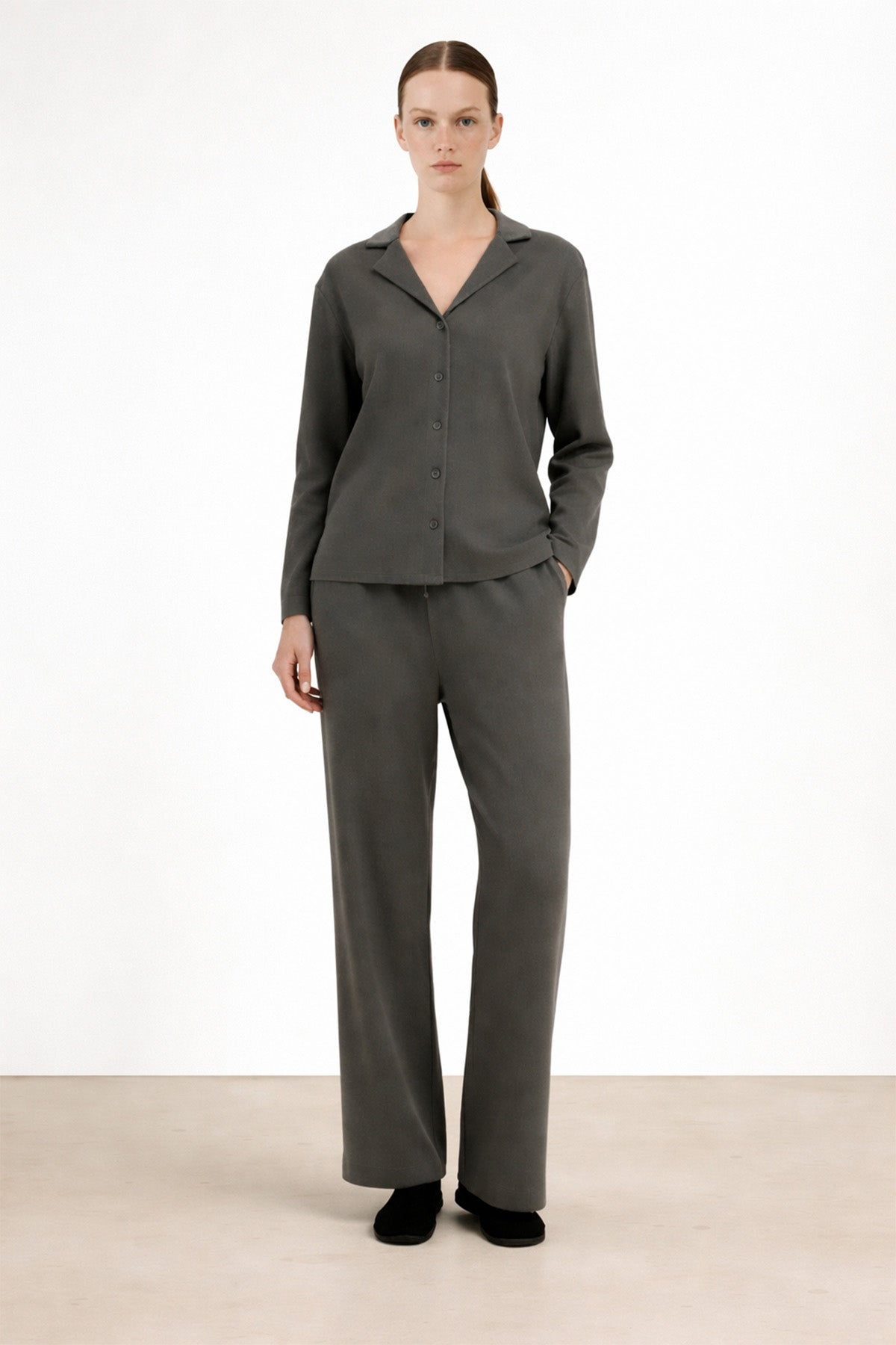 Koyu Gri Beli Bağcıklı Kadın Pantolon