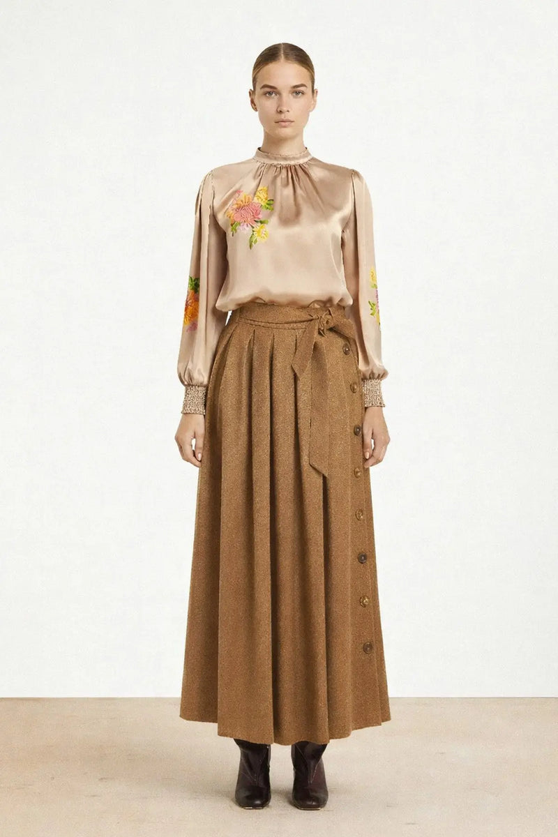 Kahverengi Pileli Düğme Detaylı Kloş Etek - Mısırlı 1951