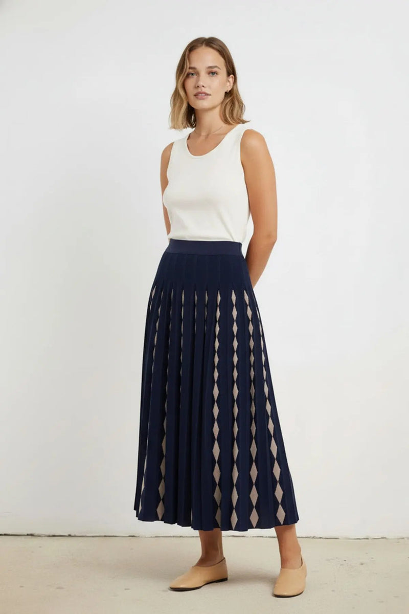 Lacivert Camel Geometrik Desenli Pileli Etek  Mısırlı 1951