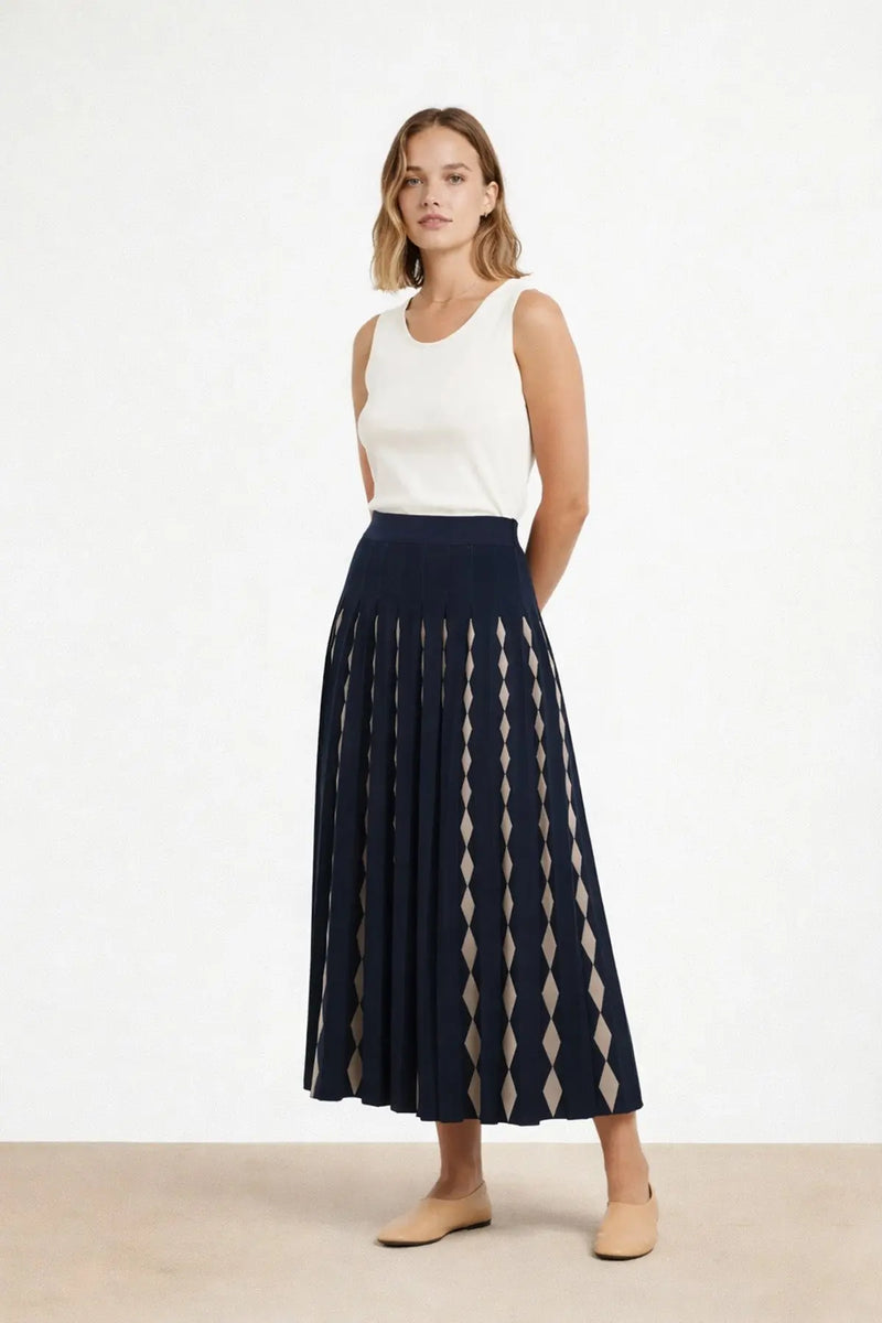 Lacivert Camel Geometrik Desenli Pileli Etek  Mısırlı 1951