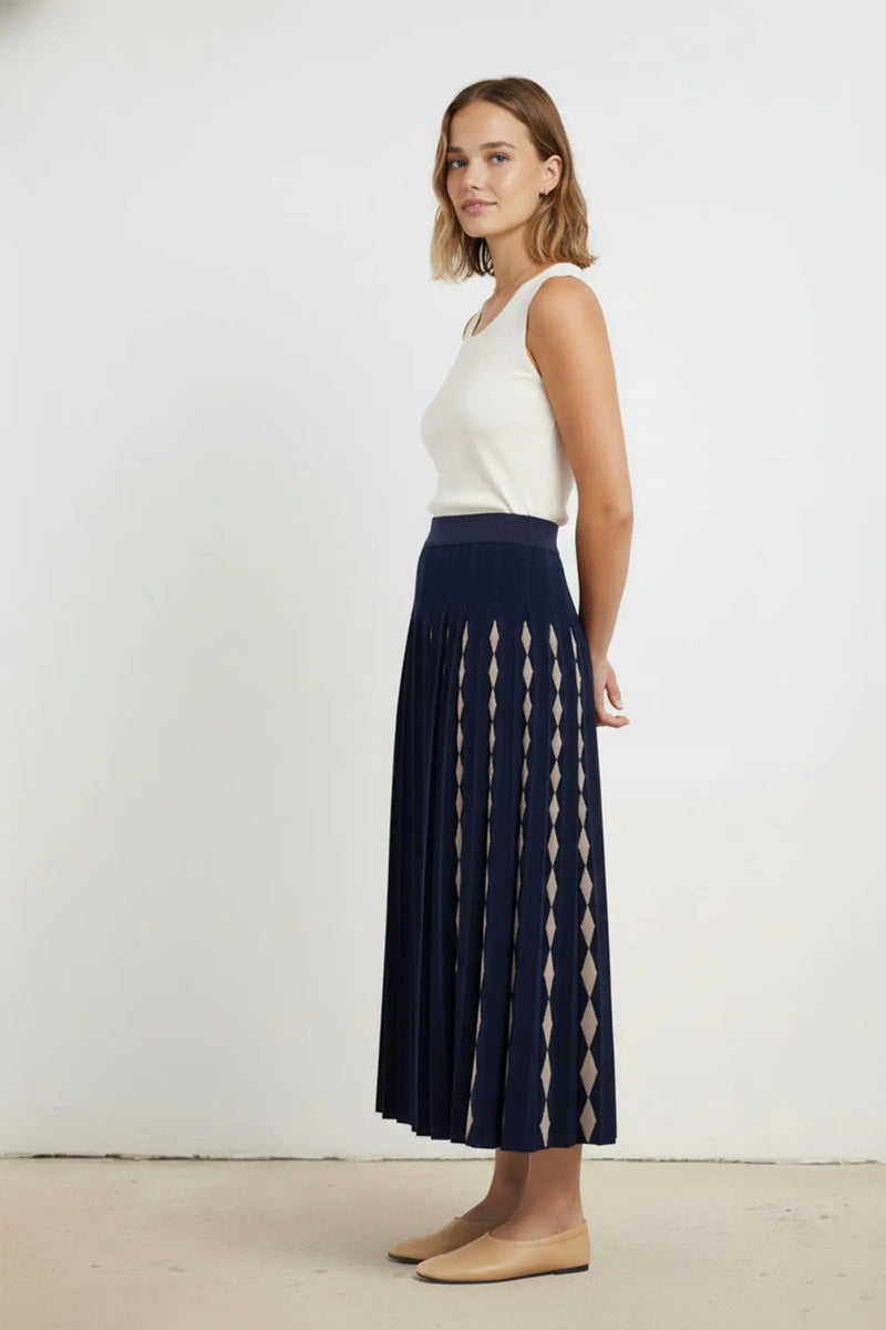 Lacivert Camel Geometrik Desenli Pileli Etek  Mısırlı 1951