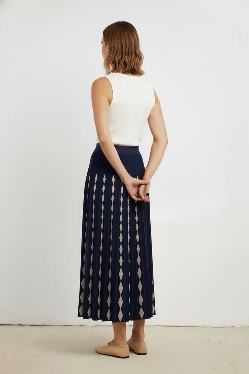 Lacivert Camel Geometrik Desenli Pileli Etek  Mısırlı 1951