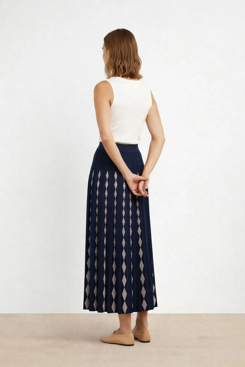 Lacivert Camel Geometrik Desenli Pileli Etek  Mısırlı 1951