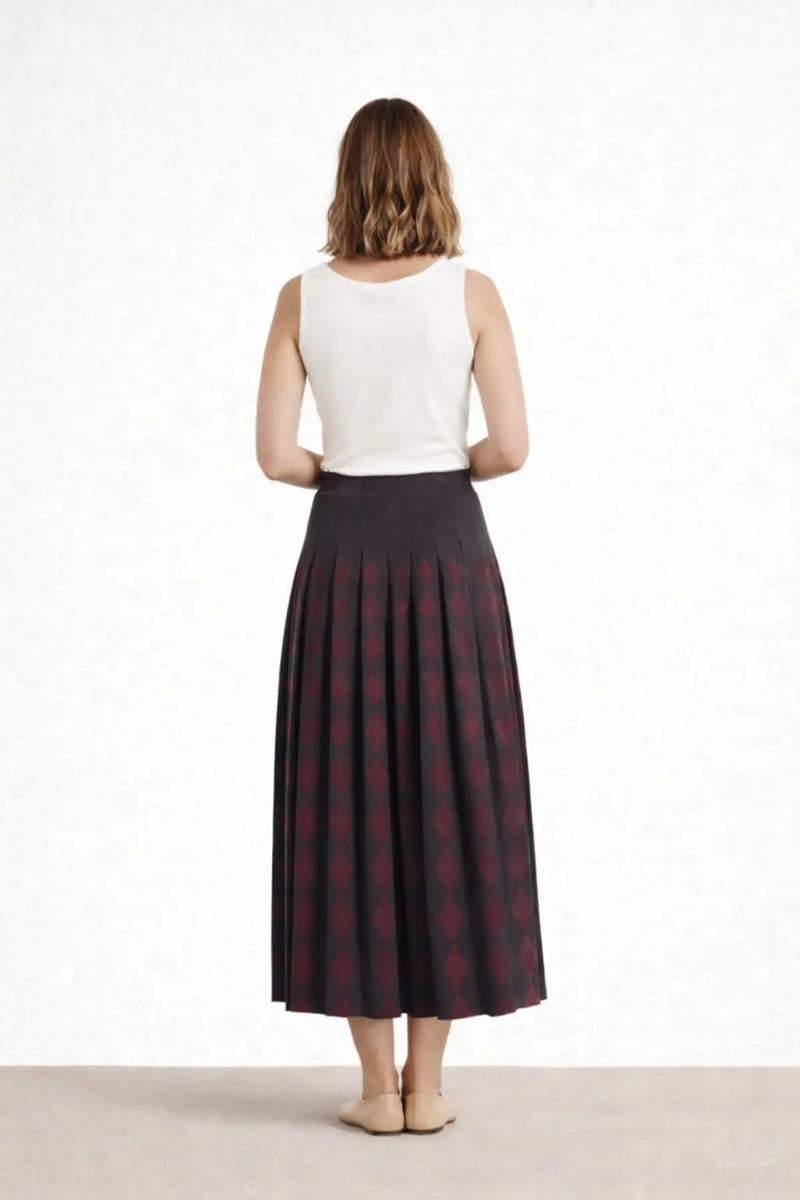 Acı Kahve Mürdüm Geometrik Desenli Pileli Etek - Mısırlı 1951