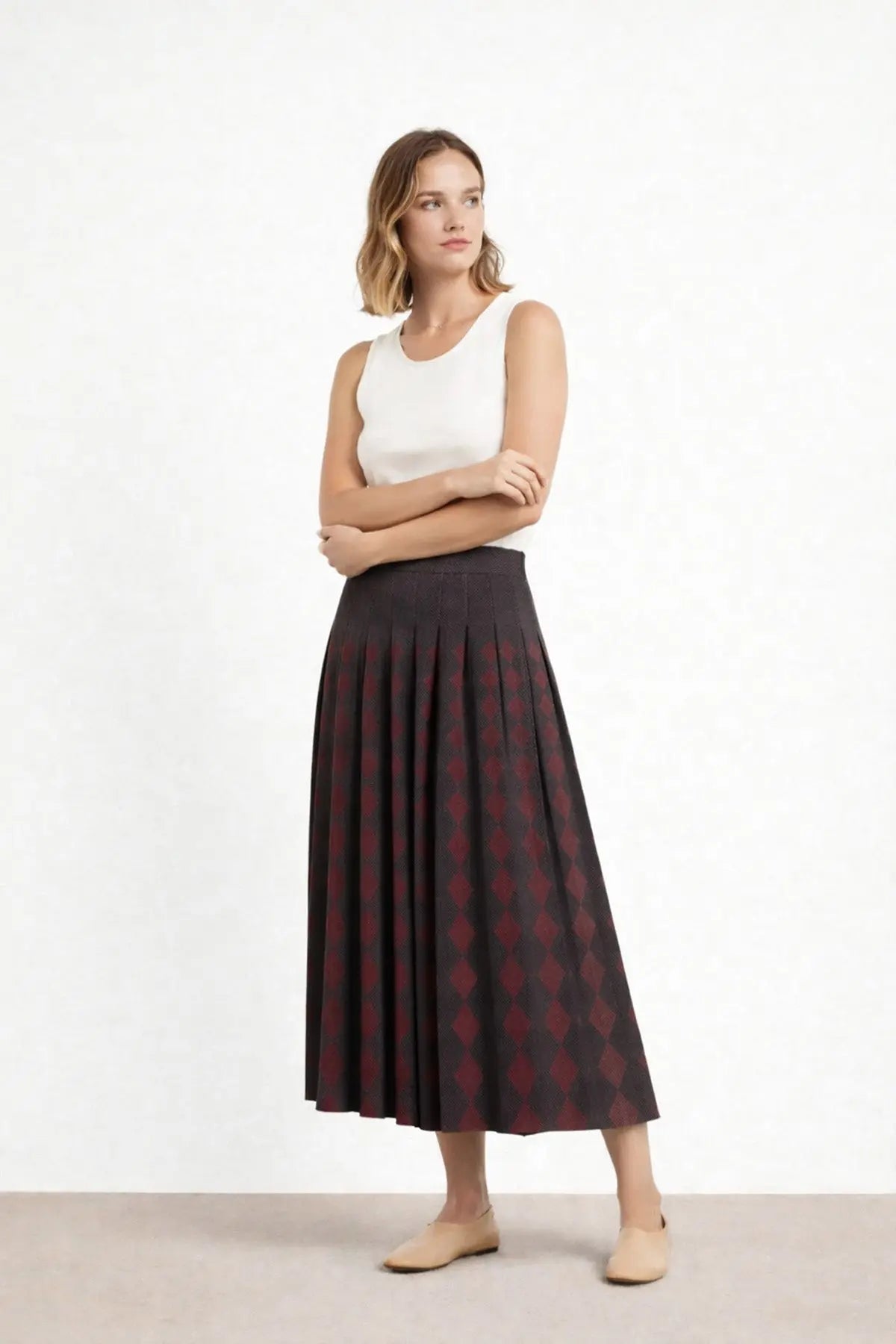 Acı Kahve Mürdüm Geometrik Desenli Pileli Etek - Mısırlı 1951