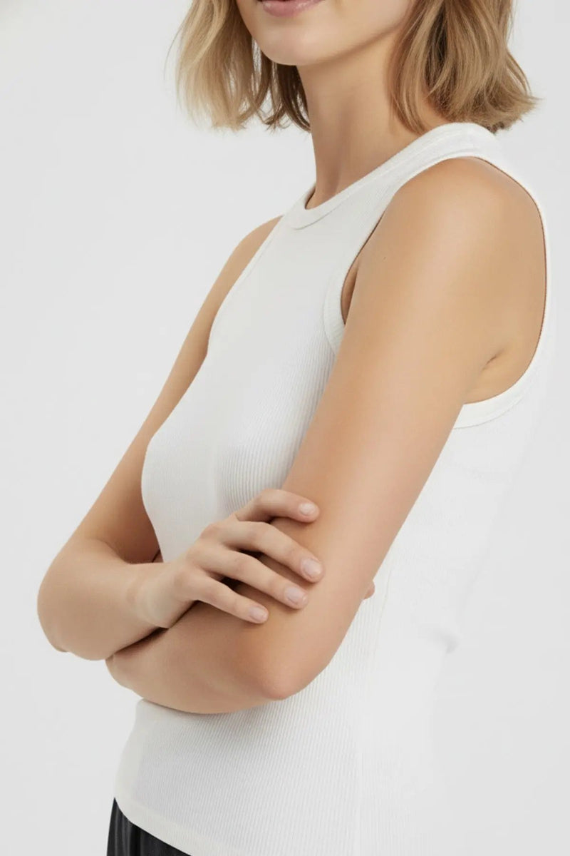 Ekru Bisiklet Yaka Örme Fitilli Kadın Atlet