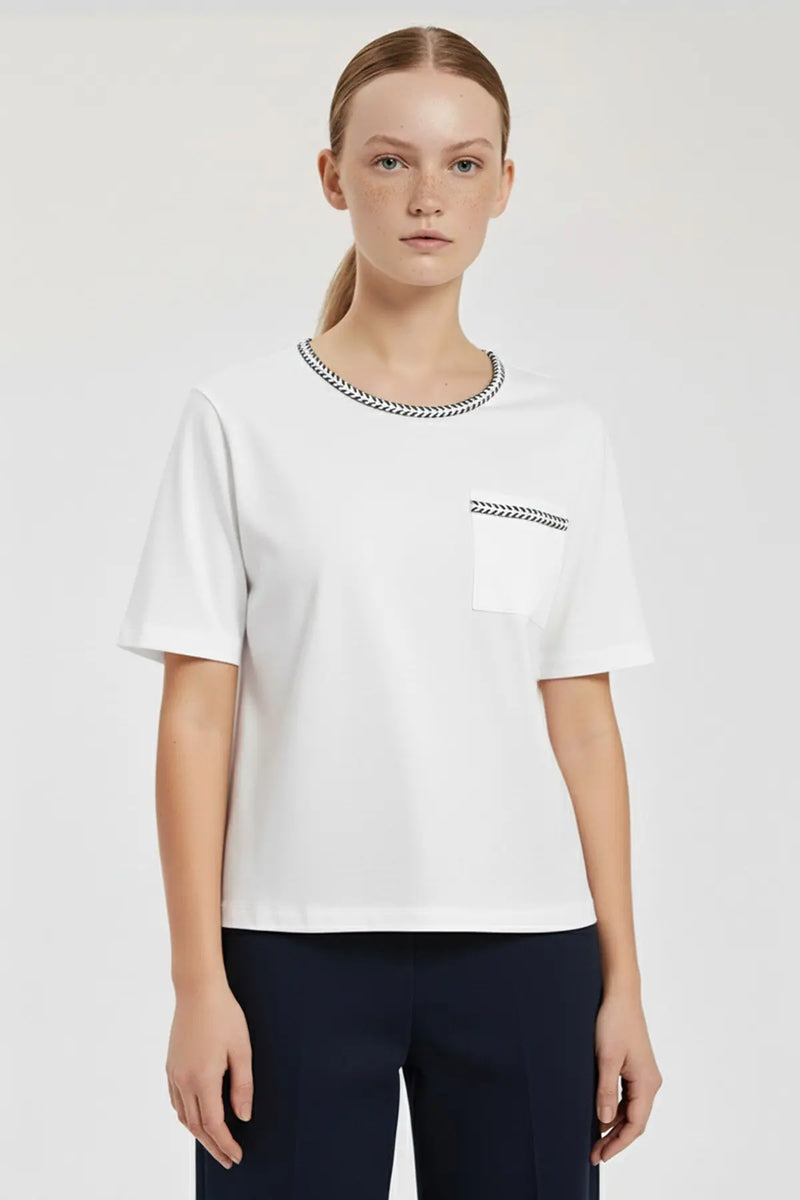 Ekru Bordür Detaylı Kısa Kollu Kadın Tişört  Mısırlı 1951