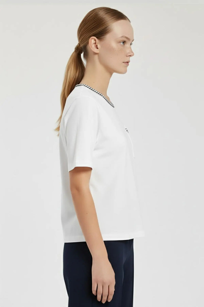 Ekru Bordür Detaylı Kısa Kollu Kadın Tişört  Mısırlı 1951