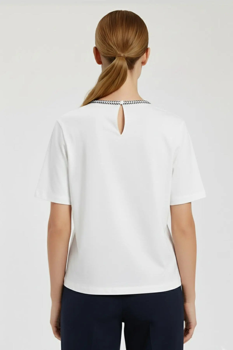 Ekru Bordür Detaylı Kısa Kollu Kadın Tişört  Mısırlı 1951
