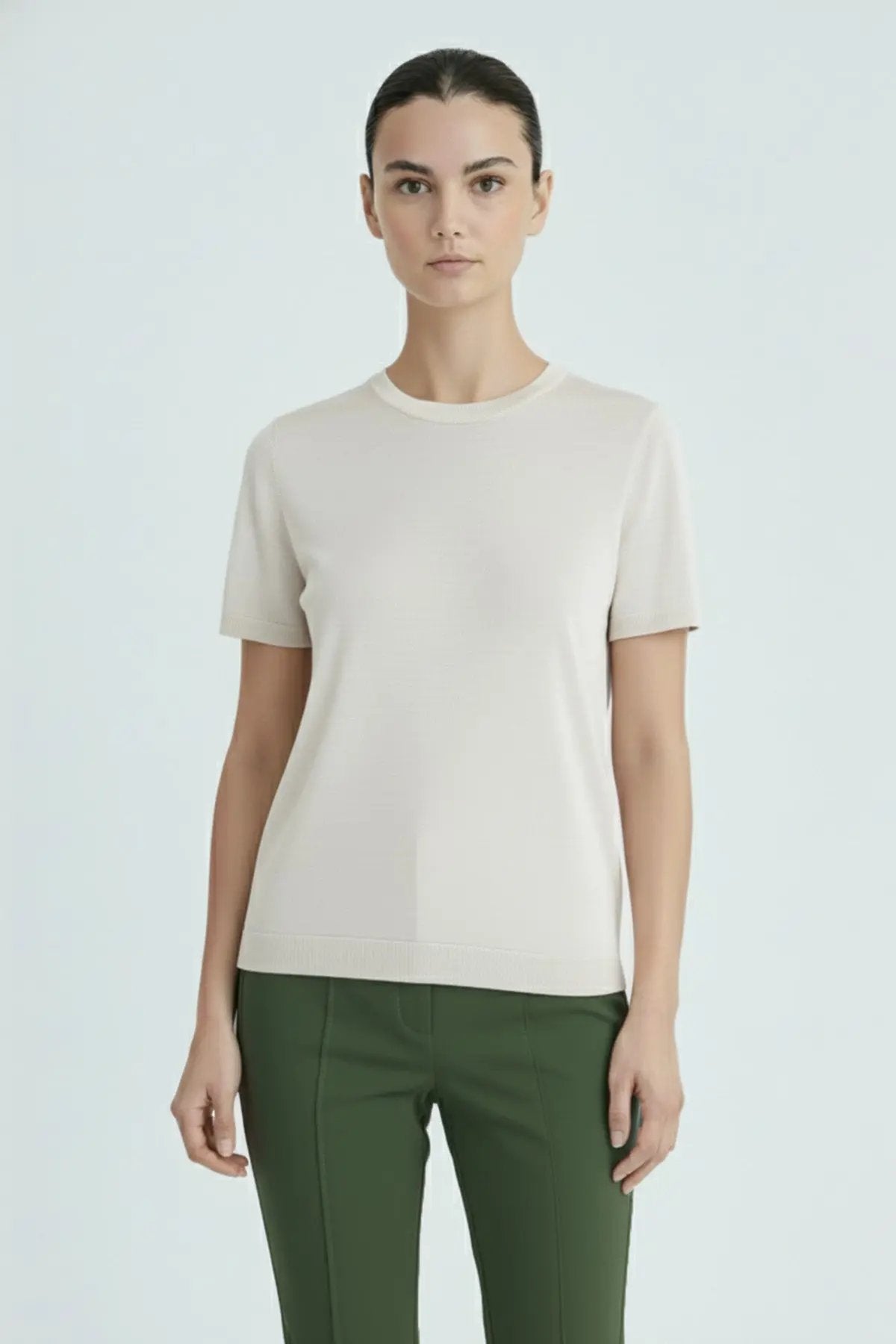 Ekru Yuvarlak Yaka Kadın Kazak  Mısırlı 1951