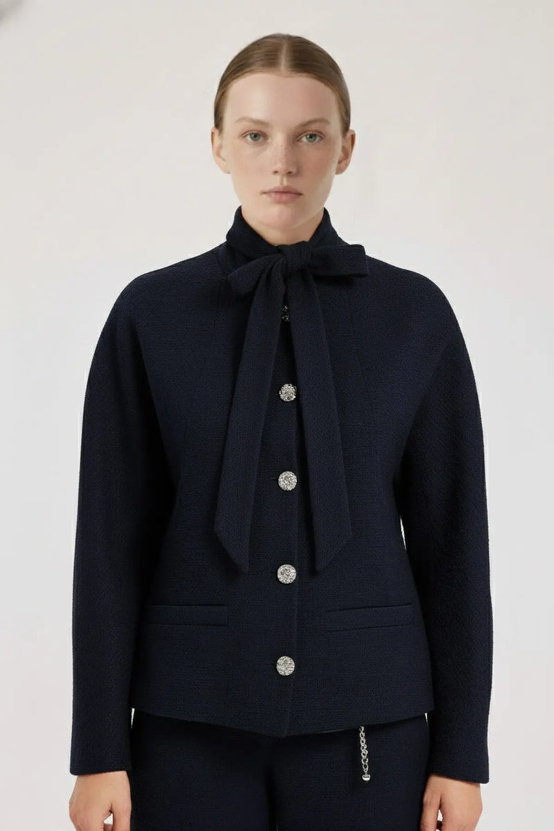 Lacivert Yakası Bağlamalı Tüvit Kadın Ceket  Mısırlı 1951