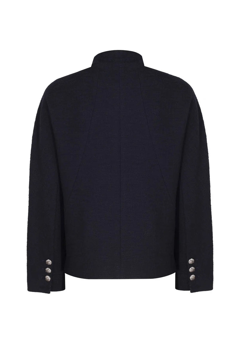 Lacivert Yakası Bağlamalı Tüvit Kadın Ceket