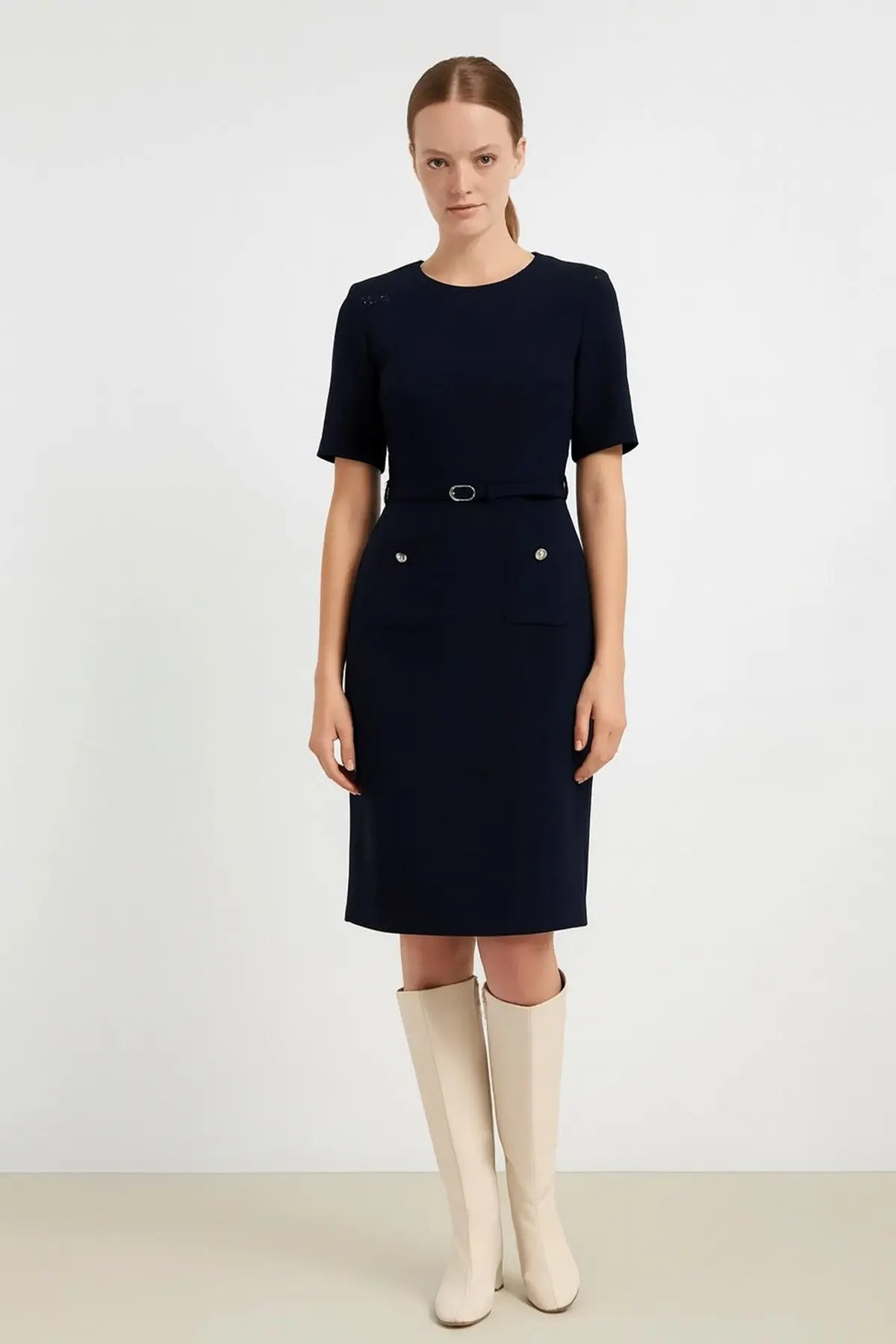 Lacivert Kemer Ve Cep Detaylı Kısa Kollu Elbise  Mısırlı 1951