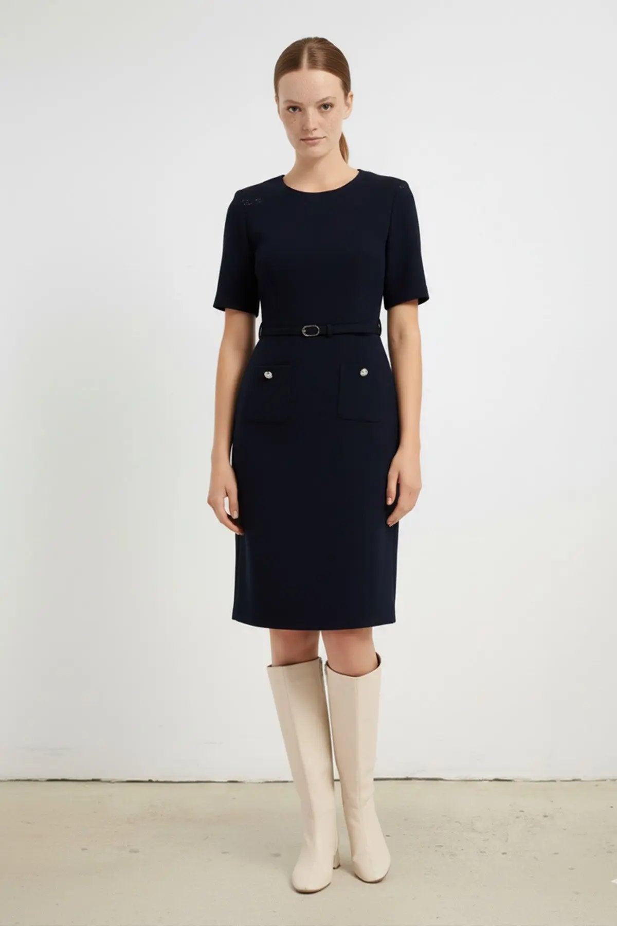 Lacivert Kemer Ve Cep Detaylı Kısa Kollu Elbise  Mısırlı 1951