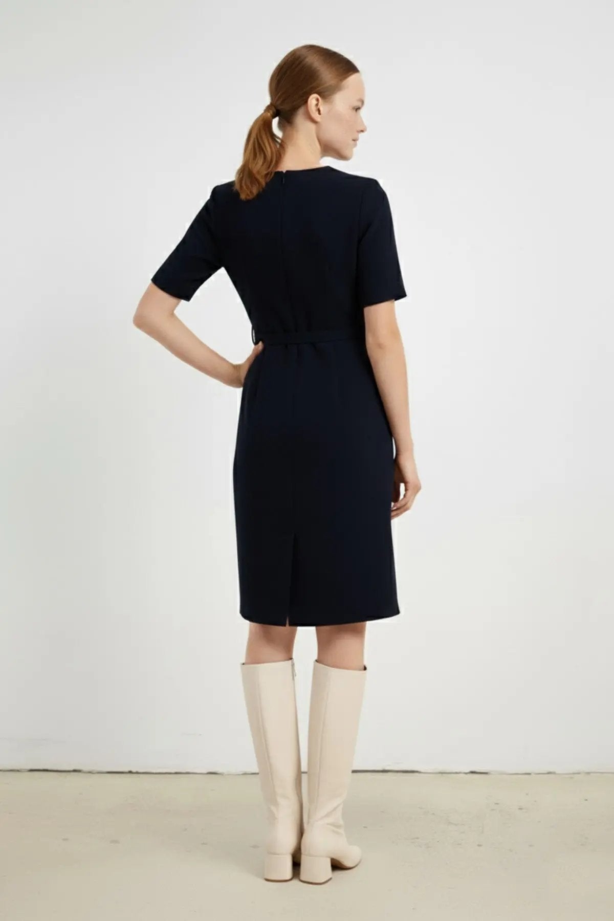 Lacivert Kemer Ve Cep Detaylı Kısa Kollu Elbise  Mısırlı 1951