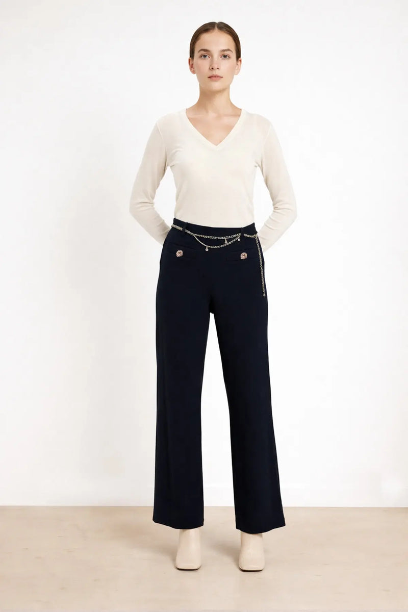 Lacivert Zincir Kemerli Tüvit Kadın Pantolon - Mısırlı 1951