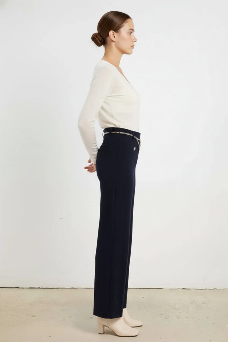 Lacivert Zincir Kemerli Tüvit Kadın Pantolon  Mısırlı 1951