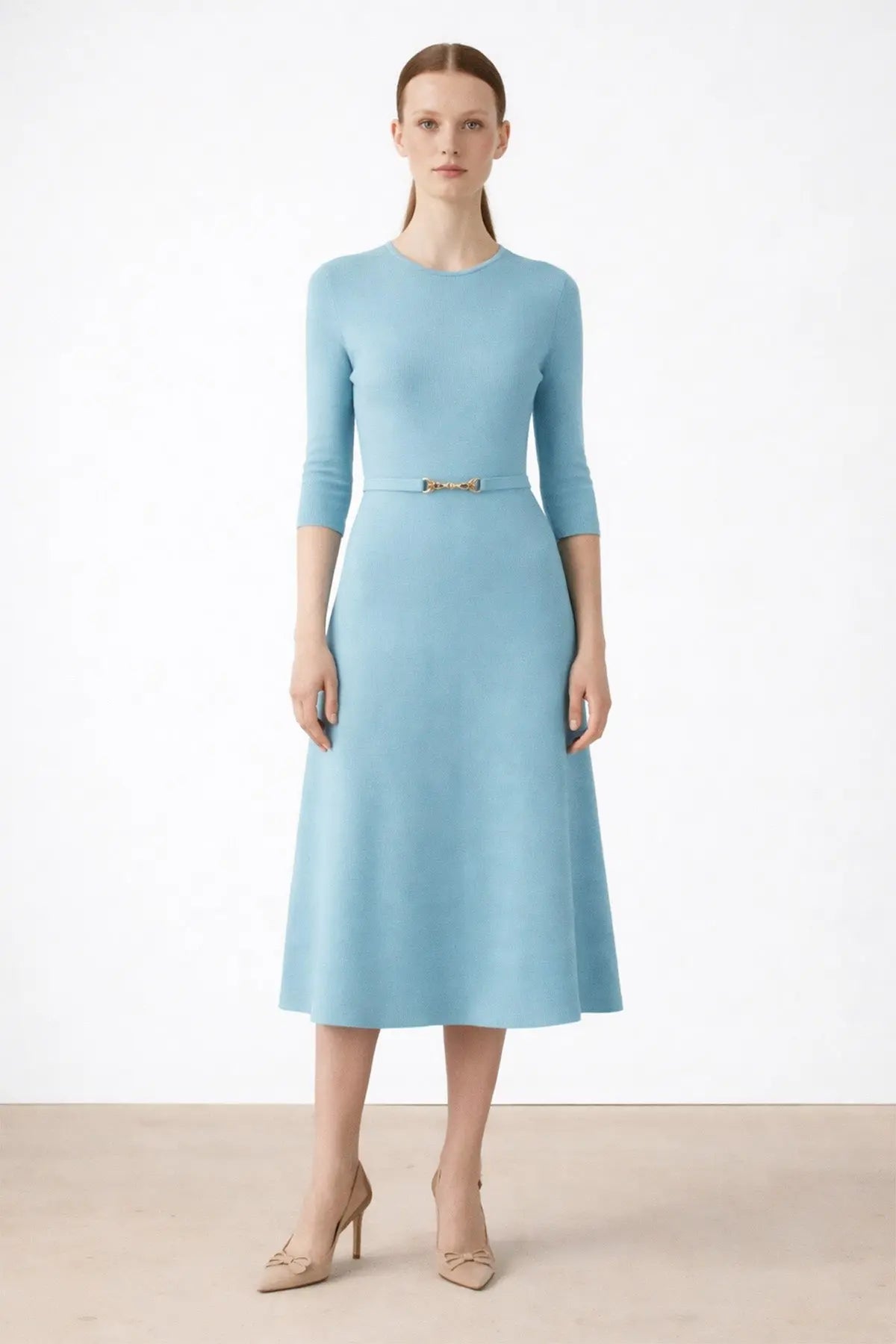 Turkuaz Kemer Detaylı Midi Elbise - Mısırlı 1951