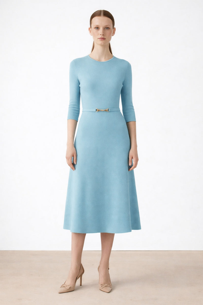 Turkuaz Kemer Detaylı Midi Elbise