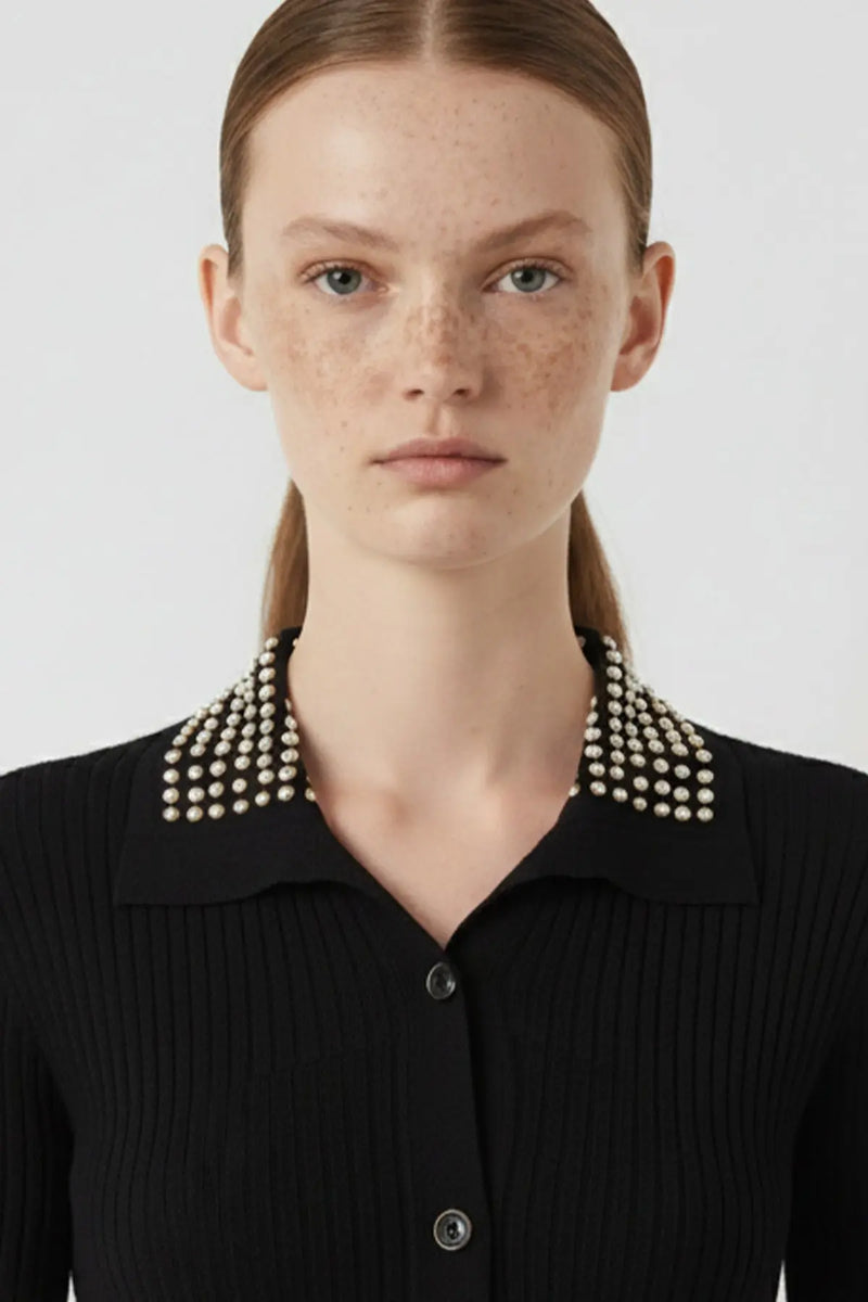 Siyah İnci Detaylı Önden Düğmeli Elbise