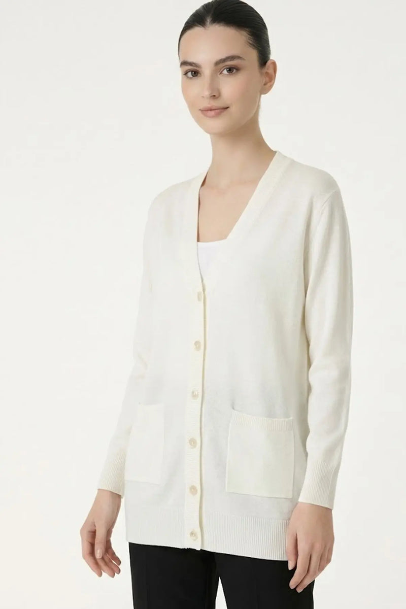 Ekru V Yaka Düğmeli Kadın Hırka  Mısırlı 1951