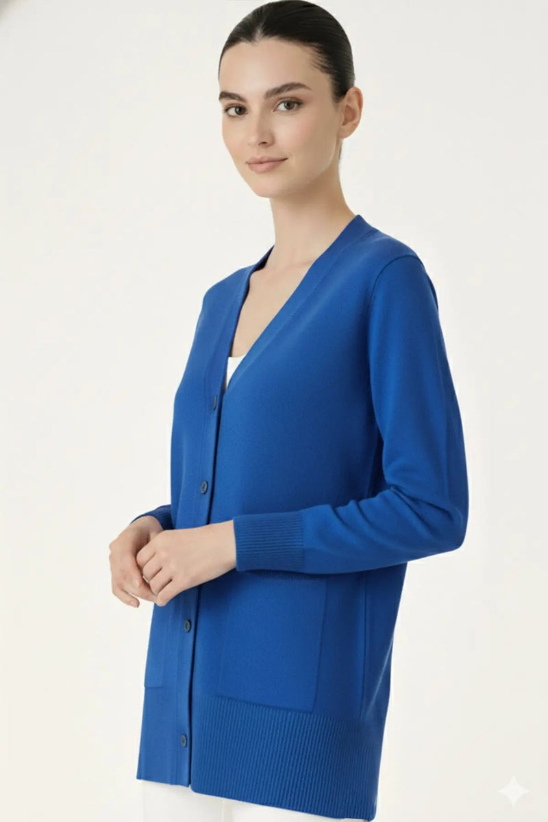 Saks Mavi V Yaka Düğmeli Kadın Hırka  Mısırlı 1951