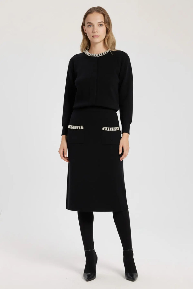 Siyah Cepleri Taş İşlemeli Midi Etek  Mısırlı 1951