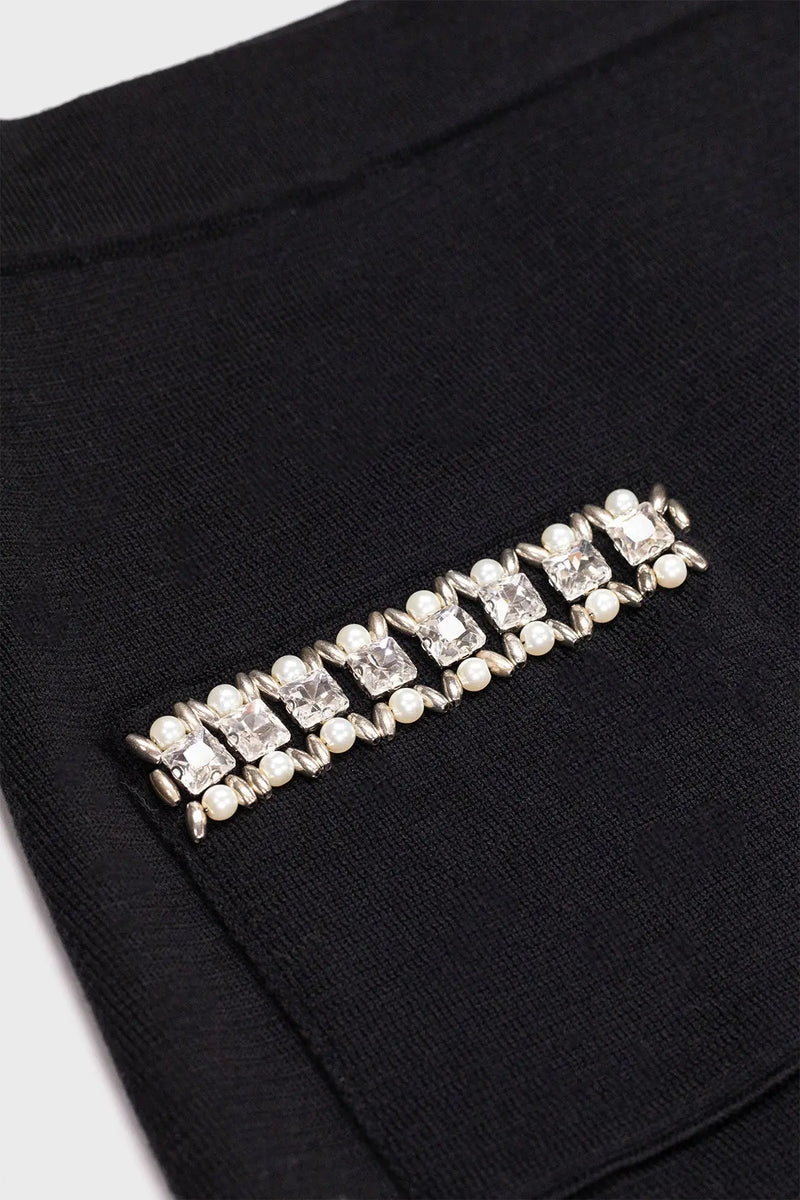 Siyah Cepleri Taş İşlemeli Midi Etek