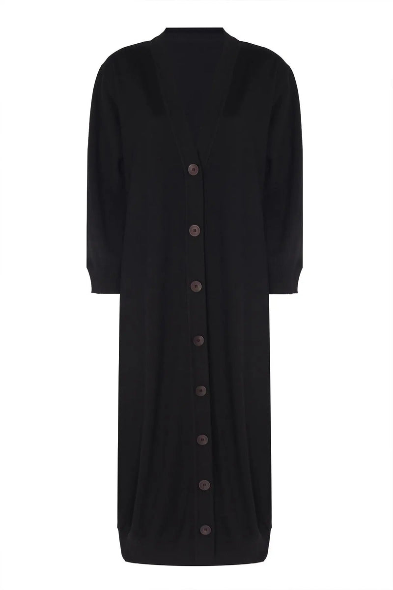 Siyah Boydan Düğmeli Uzun Kadın Hırka