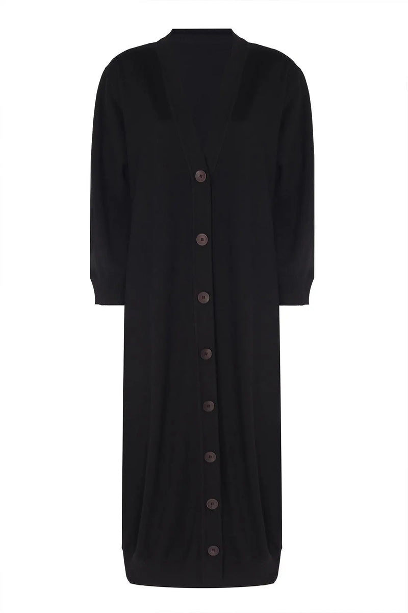 Siyah Boydan Düğmeli Uzun Kadın Hırka