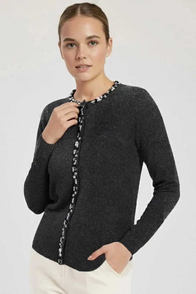 Koyu Gri Taş İşlemeli Kadın Hırka  Mısırlı 1951