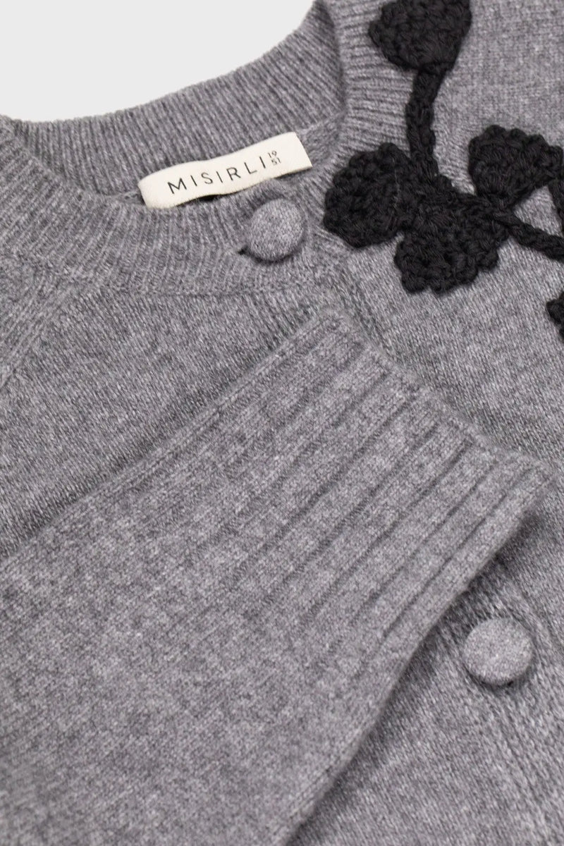 Gri Siyah Yaprak İşlemeli Kadın Hırka  Mısırlı 1951