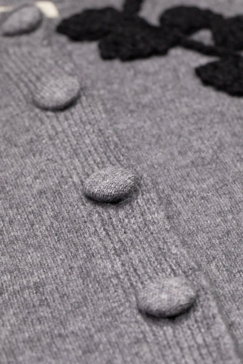 Gri Siyah Yaprak İşlemeli Kadın Hırka