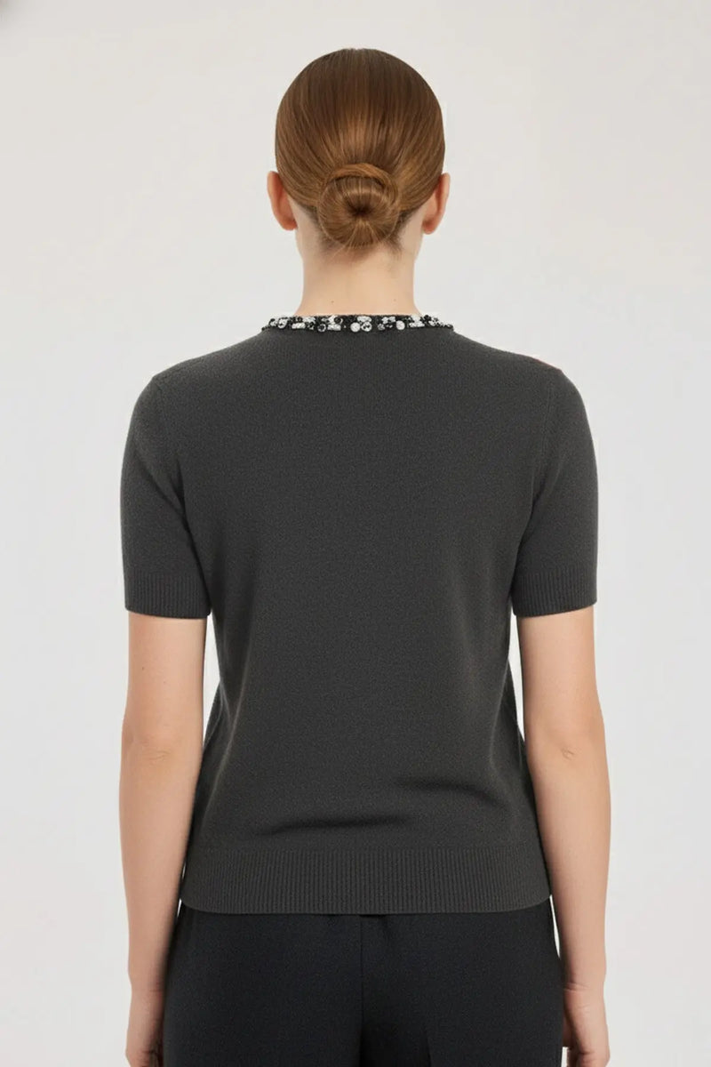 Koyu Gri Taş ve Boncuk İşlemeli Kadın Kazak  Mısırlı 1951