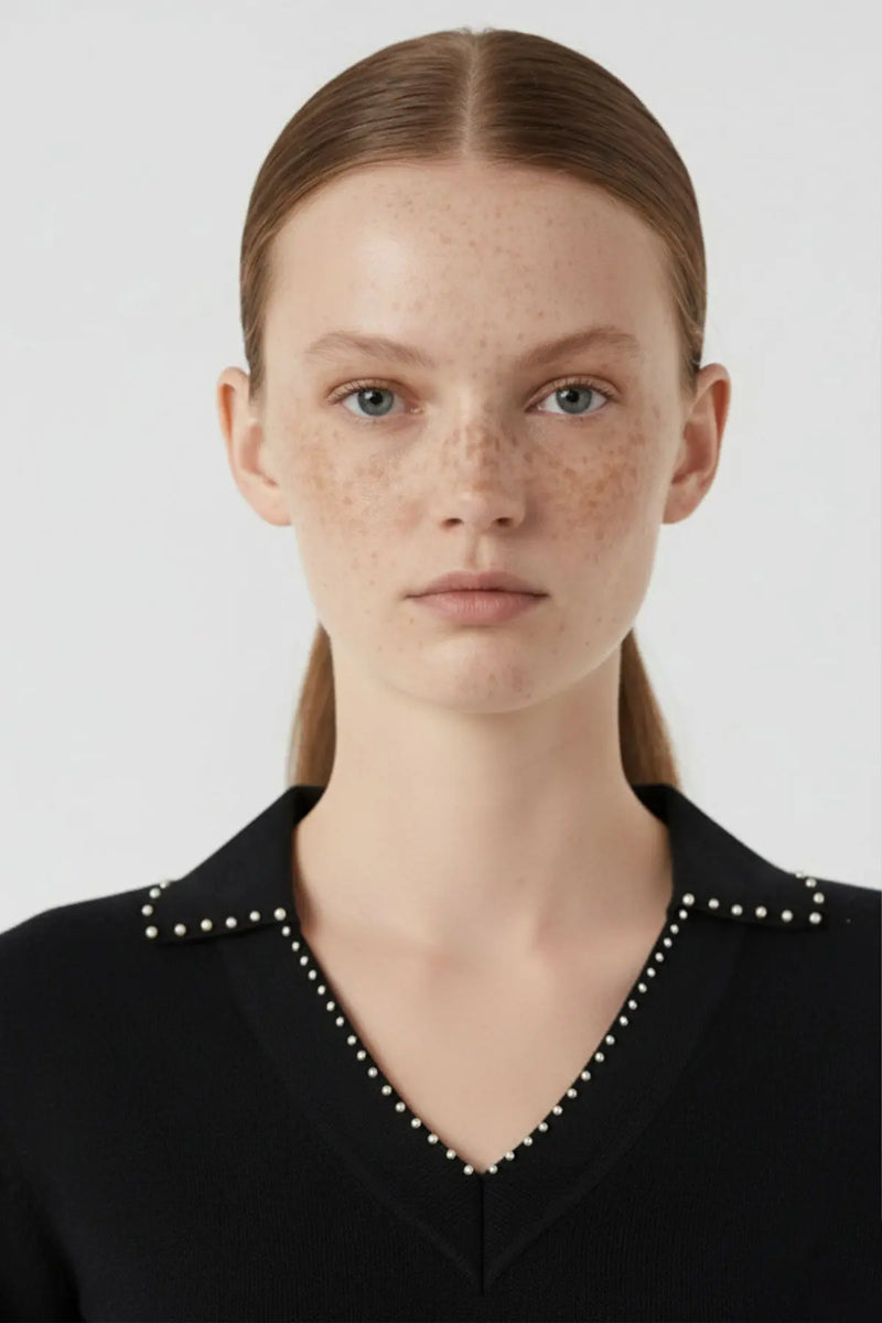 Siyah Yakası İnci Detaylı Kadın Kazak  Mısırlı 1951