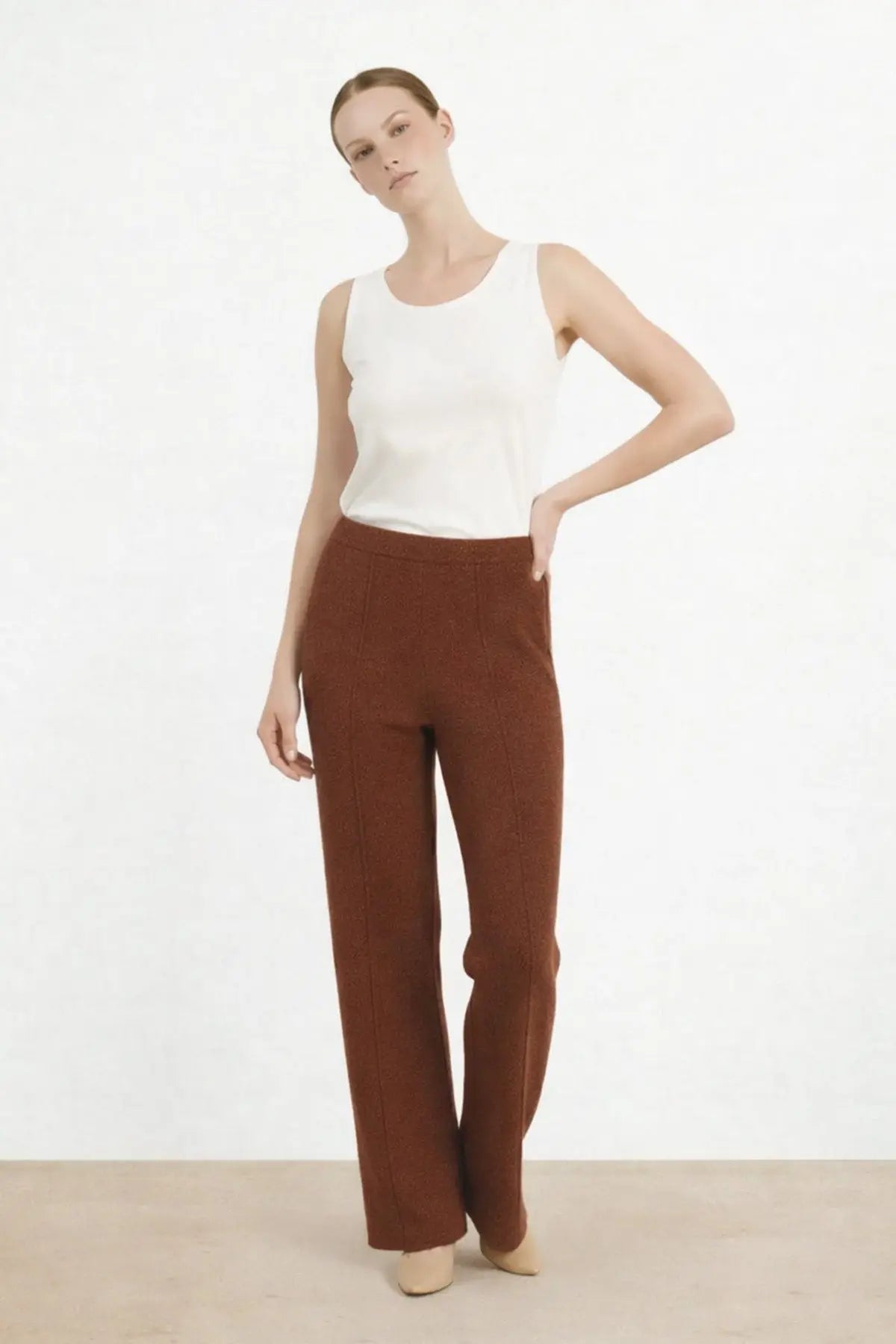 Kahverengi Nervürlü Bol Paça Kadın Pantolon - Mısırlı 1951
