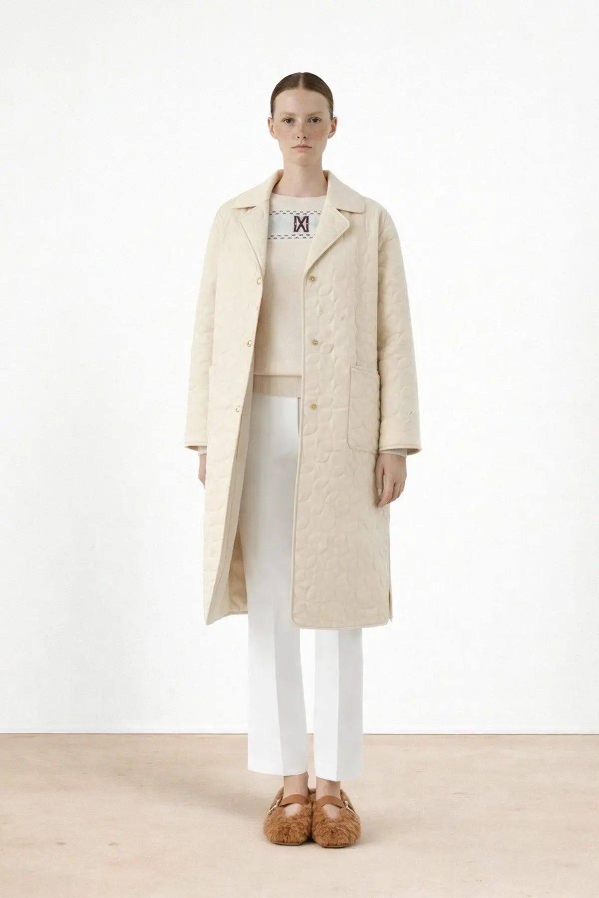 Ekru Kapitone Cep Detaylı Kadın Kaban  Mısırlı 1951