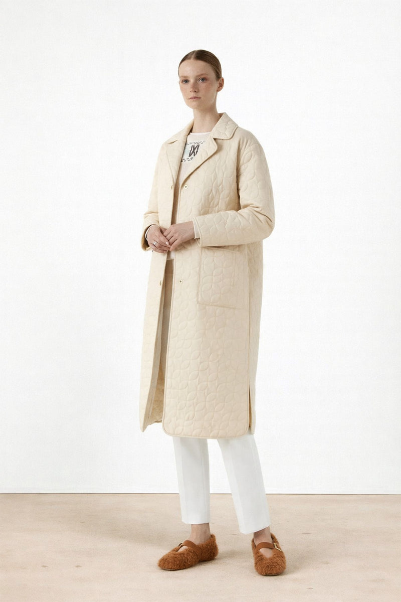 Ekru Kapitone Cep Detaylı Kadın Kaban