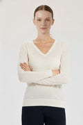 Ekru Uzun Kollu V Yaka Kadın Kazak