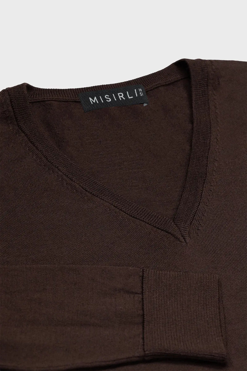 Kahverengi Uzun Kollu V Yaka Kadın Kazak