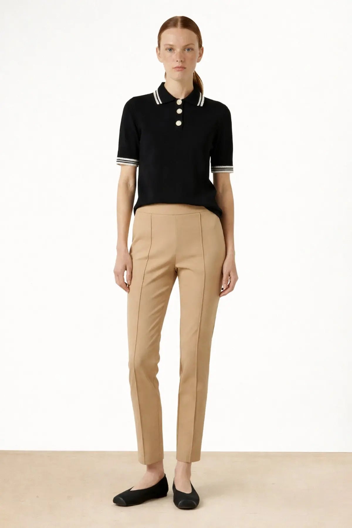 Siyah Ekru Polo Yaka Kısa Kollu Kadın Kazak - Mısırlı 1951