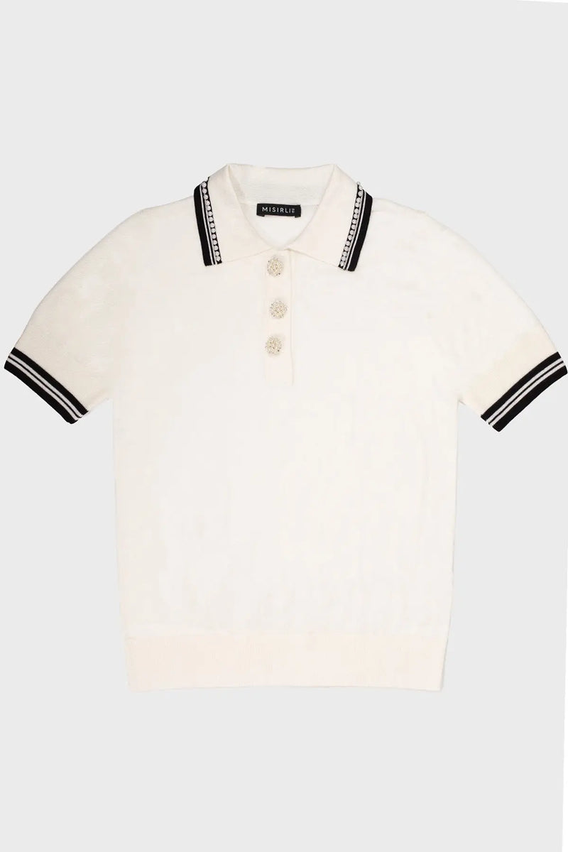 Ekru Siyah Polo Yaka İncili Kadın Kazak  Mısırlı 1951